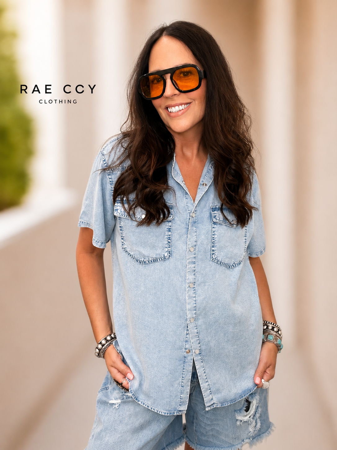 Pearl Snap Denim Tencel Button-Up