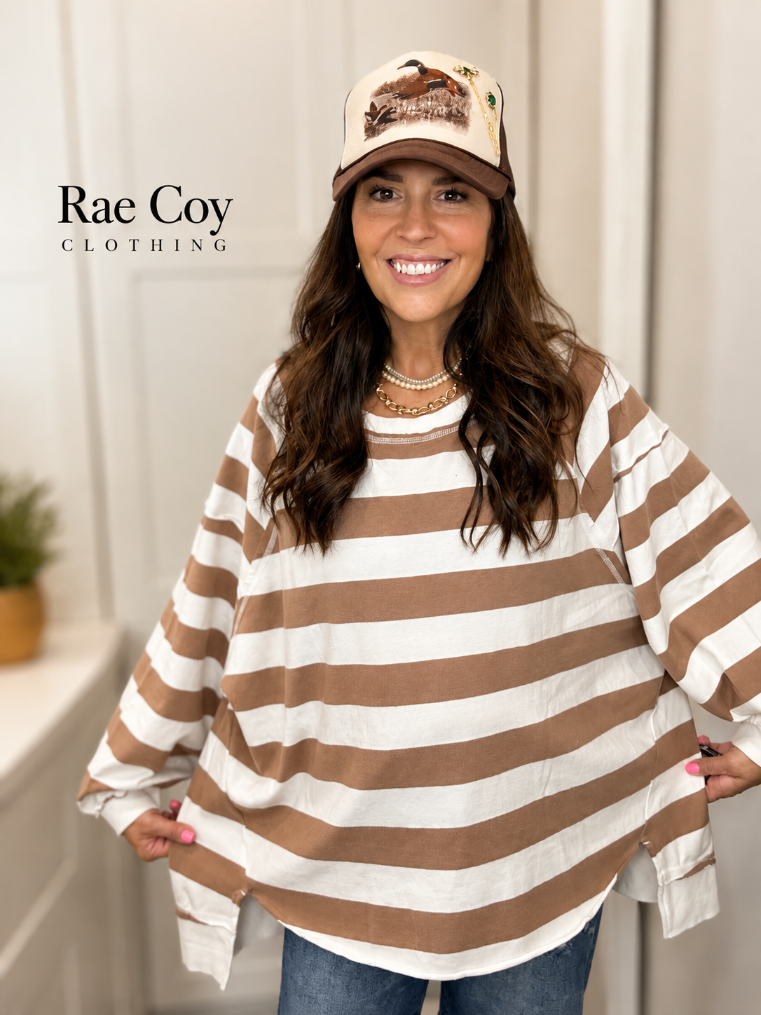Cream Brown Stripe Pullover - Oversized