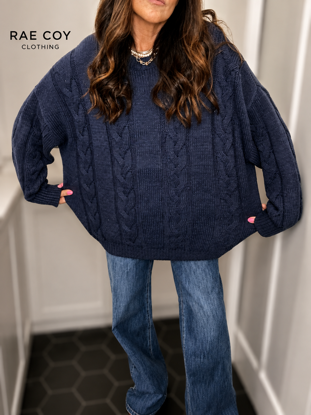Navy - Oversized Cable Knit Sweater
