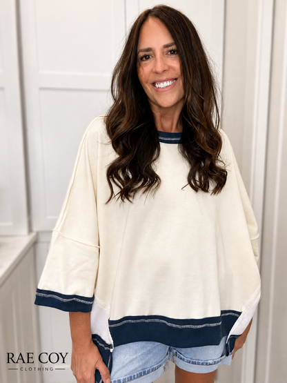 Oversized Cream French Terry Top - Navy Band