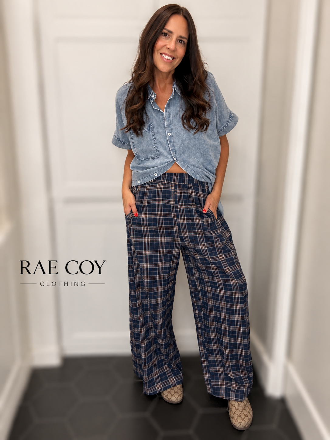 Plaid Cotton Gauze Pants - Navy