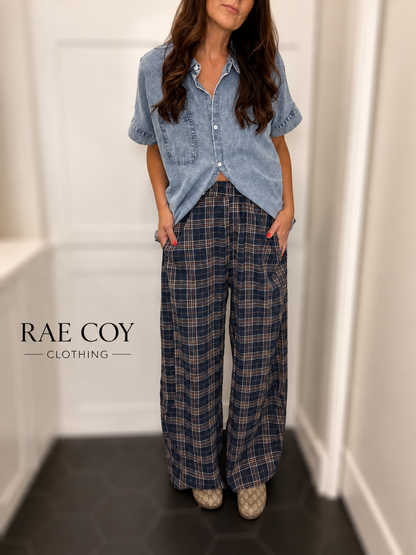 Plaid Cotton Gauze Pants - Navy