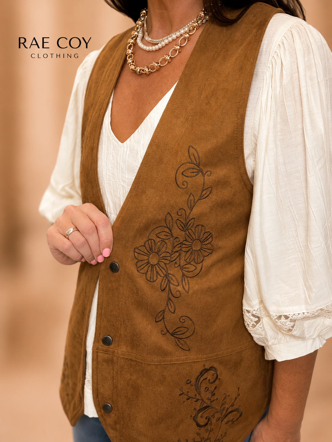 Faux Suede Embroidered Detail Vest