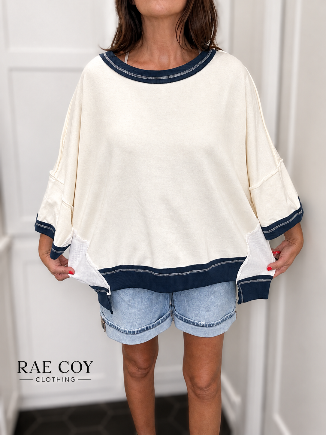 Oversized Cream French Terry Top - Navy Band