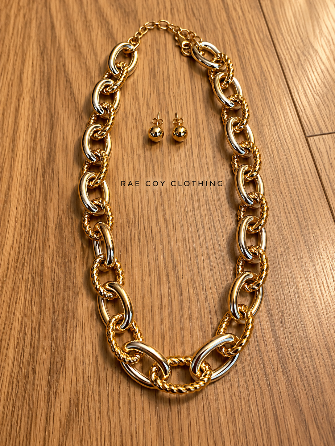 Water Resistant Gold and Silver Chainlink Necklace 16-18 inch with Gold Stud Earrings - Final Sale
