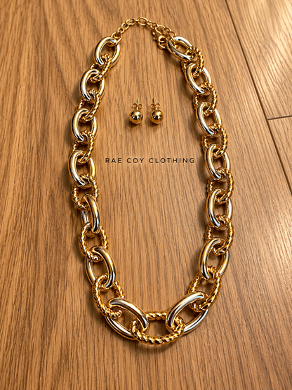 Water Resistant Gold and Silver Chainlink Necklace 16-18 inch with Gold Stud Earrings - Final Sale