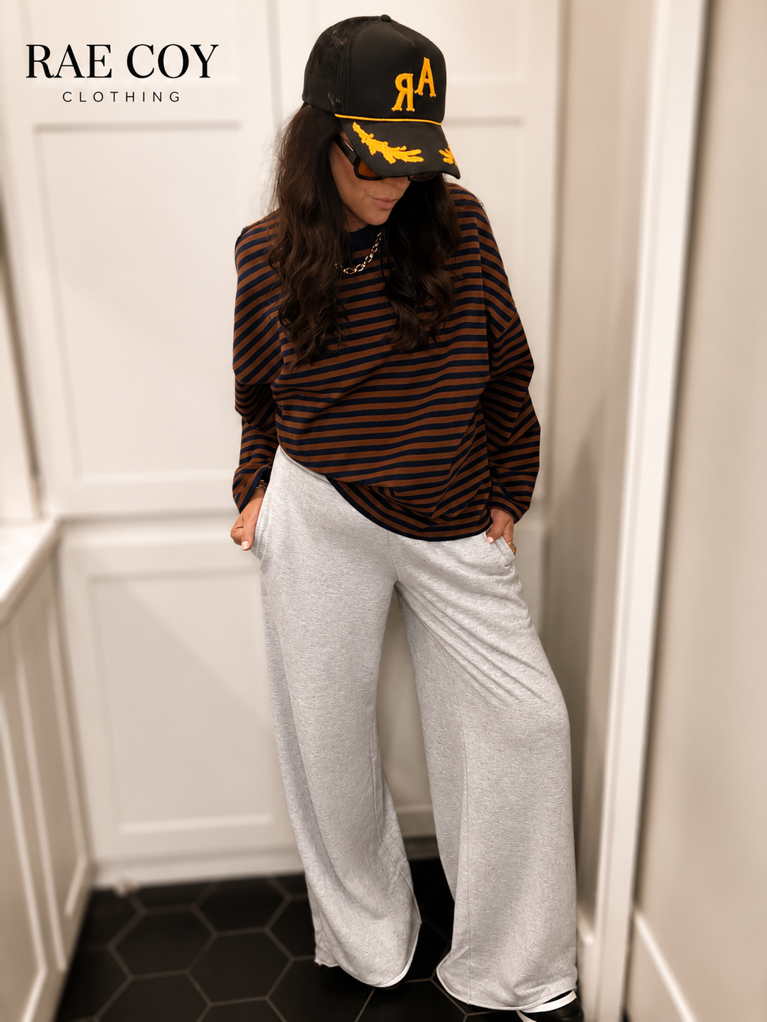 Brown & Navy Stripe French Terry Top