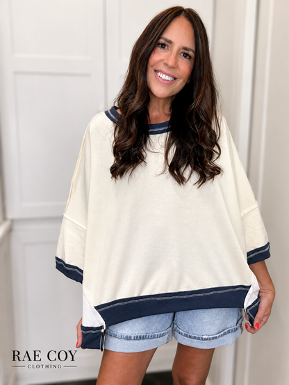 Oversized Cream French Terry Top - Navy Band