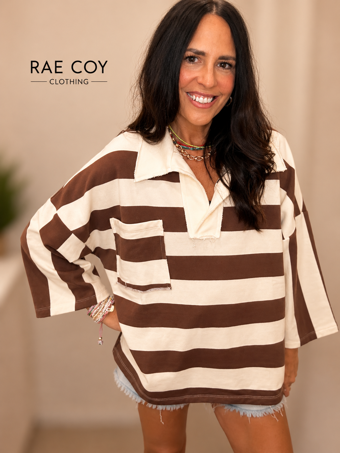 Brown and Cream Oversized Rugby Top
