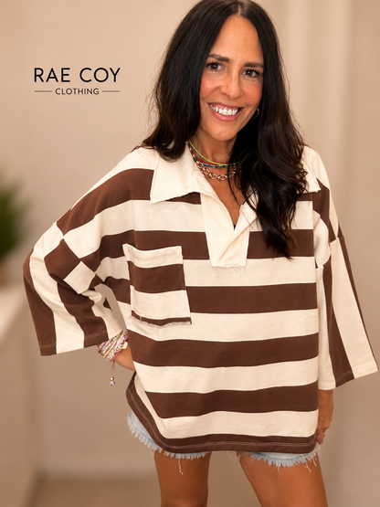 Brown and Cream Oversized Rugby Top