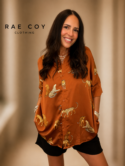 Rust Satin Leopard Button Up