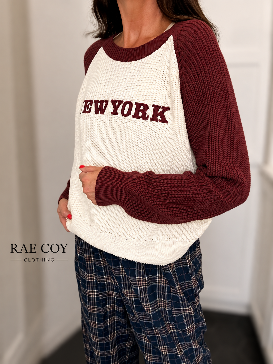 New York Long Sleeve Cotton Sweater - Maroon