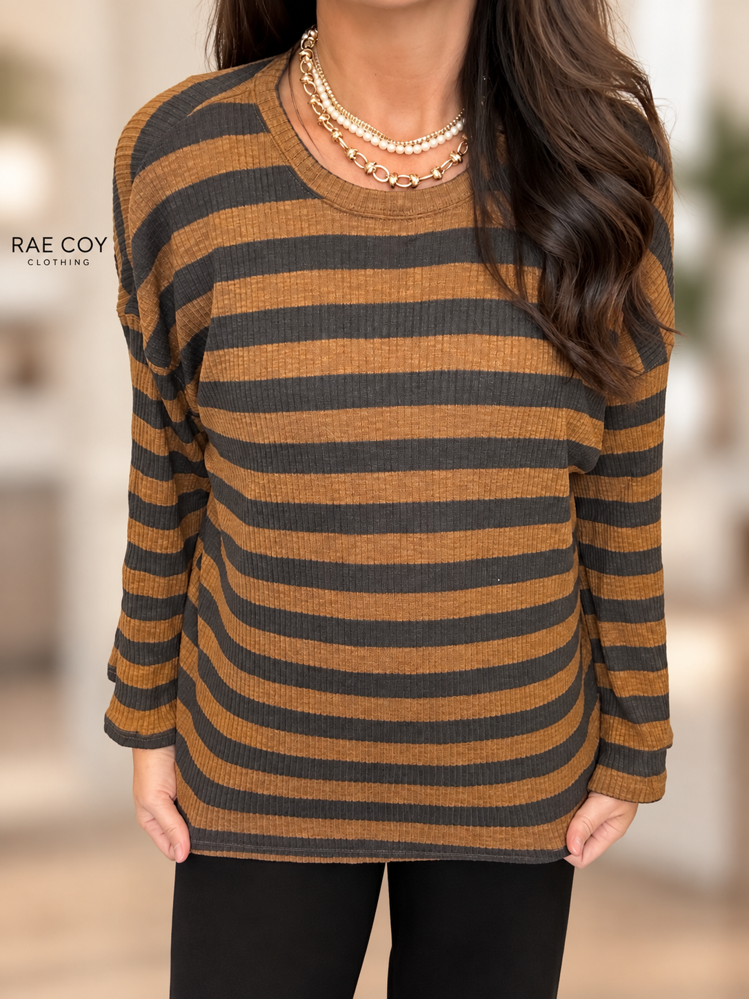 Camel Dark Brown Striped Longsleeve Pullover
