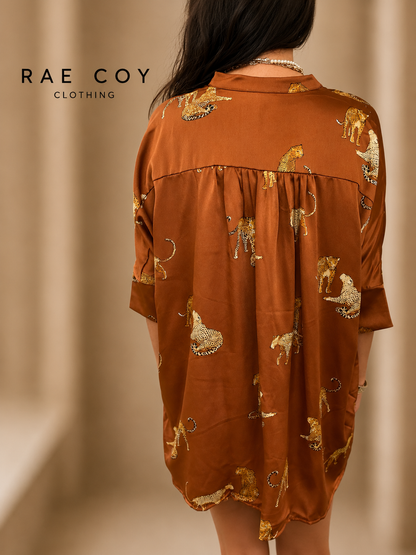 Rust Satin Leopard Button Up