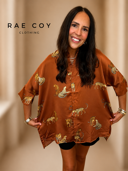 Rust Satin Leopard Button Up