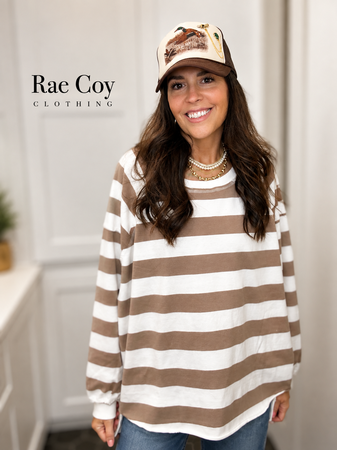 Cream Brown Stripe Pullover - Oversized