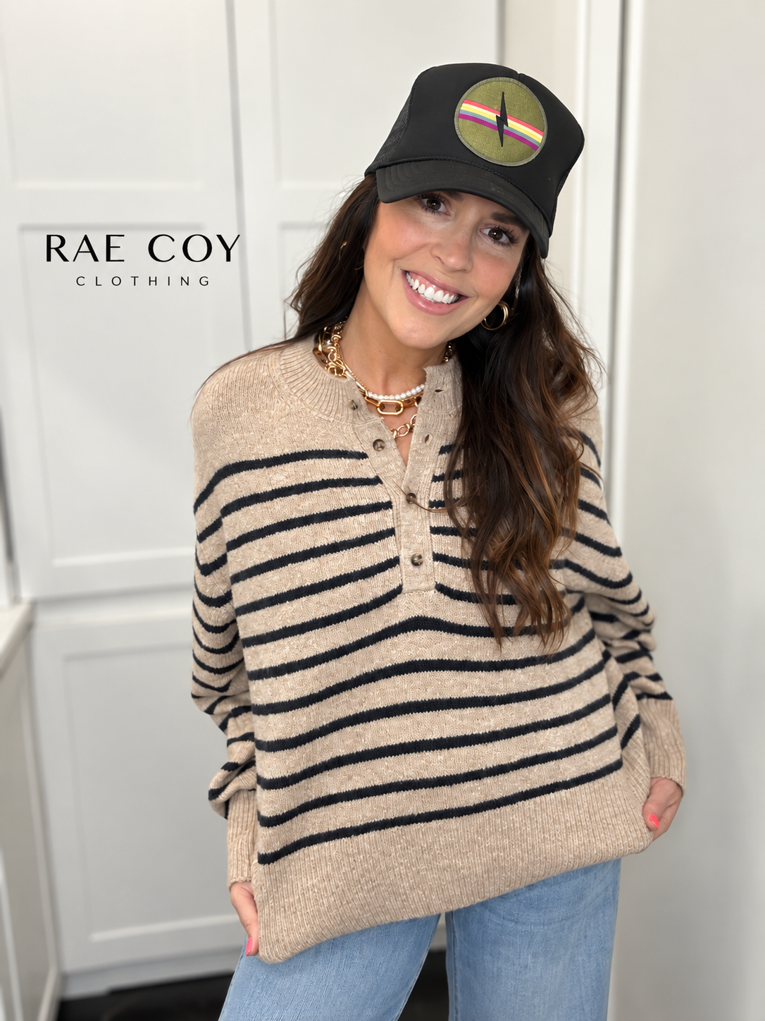 Taupe Black Stripe Henley Sweater