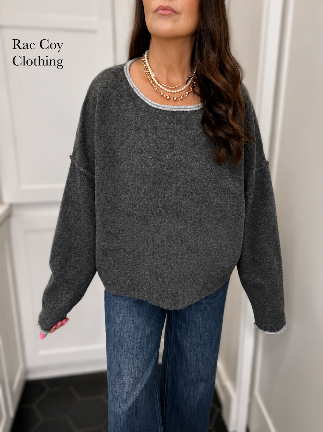 Grey with light grey roll neck sweater