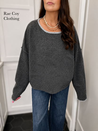 Grey with light grey roll neck sweater
