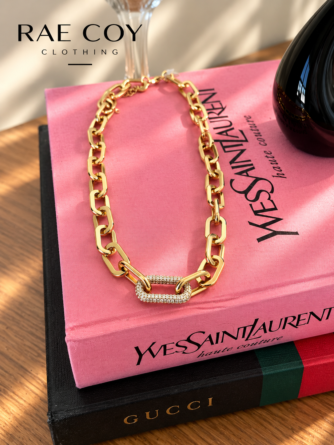 Pave Center Link Necklace 18-22 inches 18K Gold Plated Stainless Steel Water Resistant - Final Sale