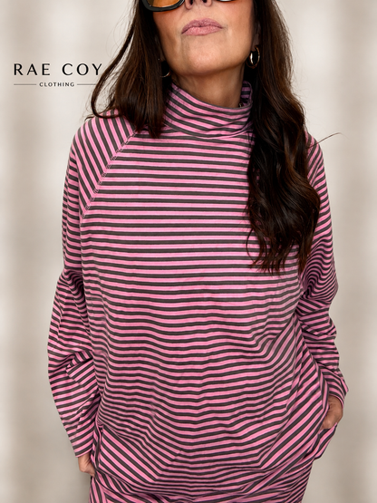 Oversized Mockneck and Pants Set - Pink and Brown