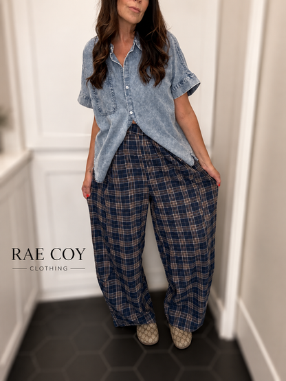 Plaid Cotton Gauze Pants - Navy