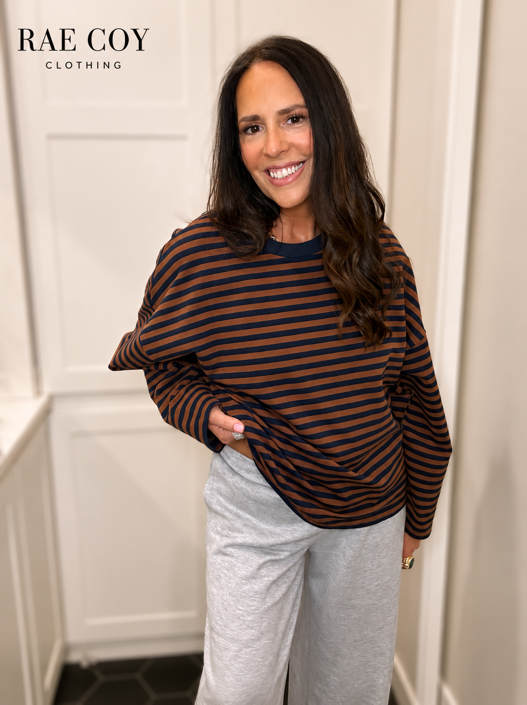 Brown & Navy Stripe French Terry Top