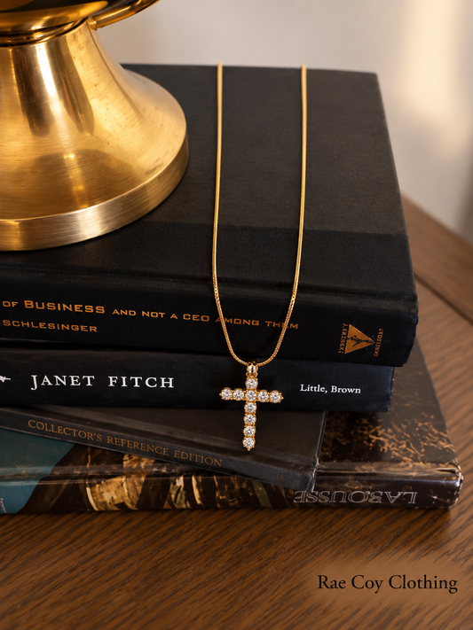 Rhinestone Cross 18K Gold Plated Stainless Steel Necklace 19-22 inches Water Resistant Final Sale