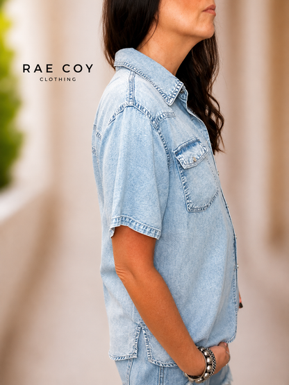 Pearl Snap Denim Tencel Button-Up