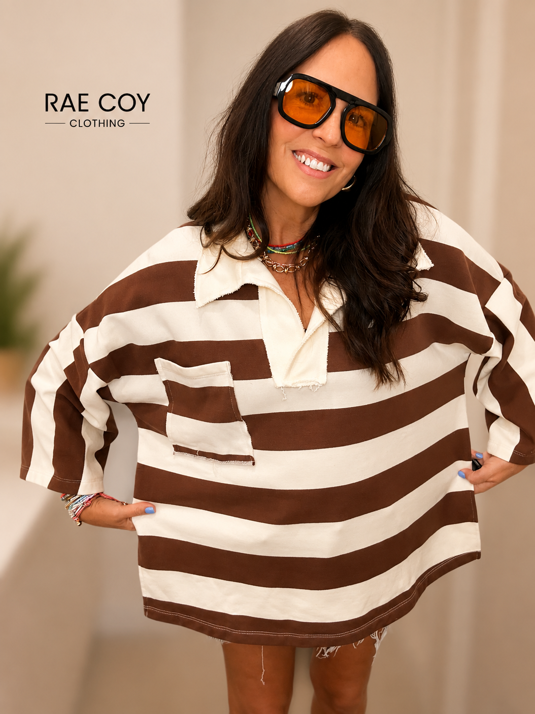 Brown and Cream Oversized Rugby Top
