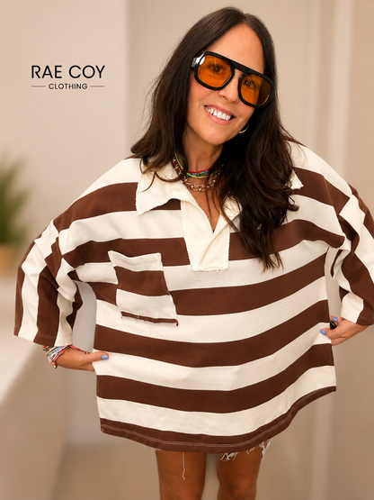 Brown and Cream Oversized Rugby Top