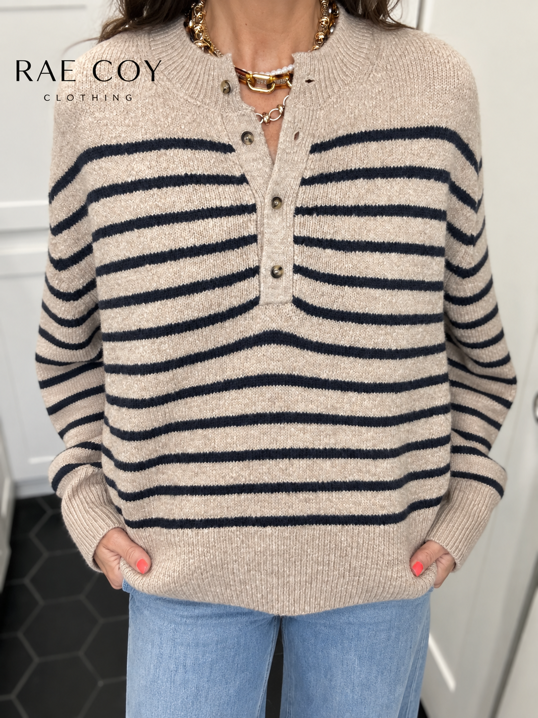 Taupe Black Stripe Henley Sweater