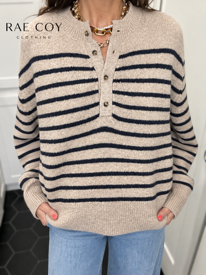 Taupe Black Stripe Henley Sweater