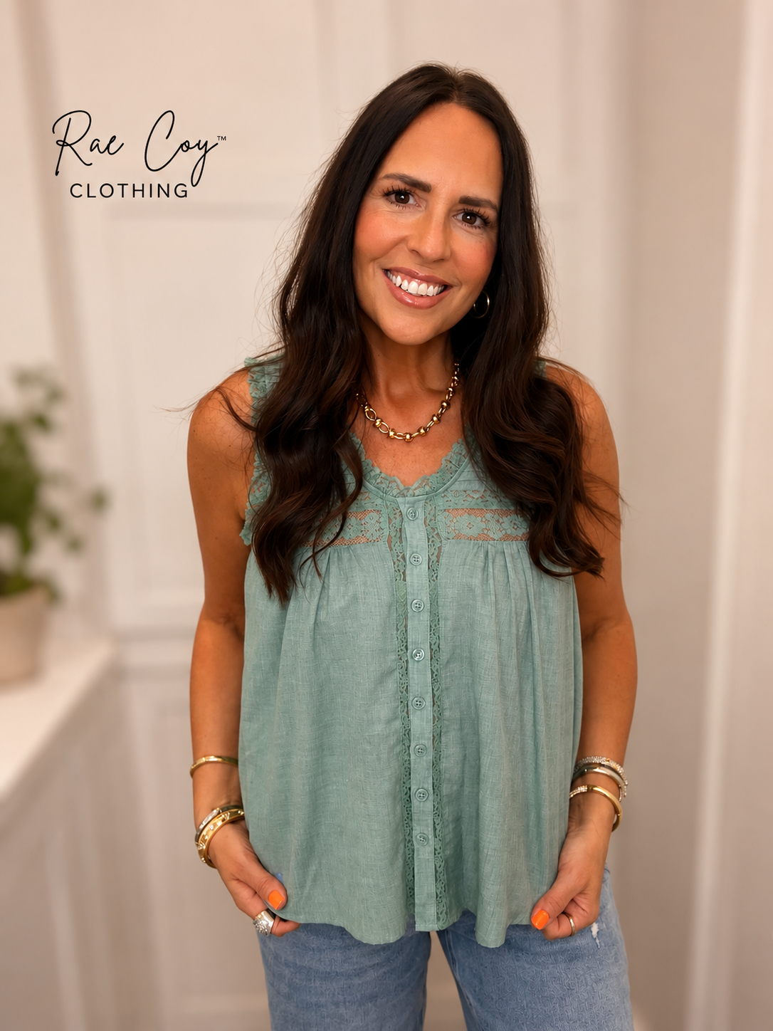 Teal Lace Cotton Tank
