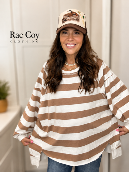 Cream Brown Stripe Pullover - Oversized