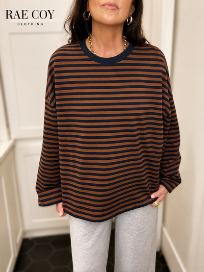 Brown & Navy Stripe French Terry Top