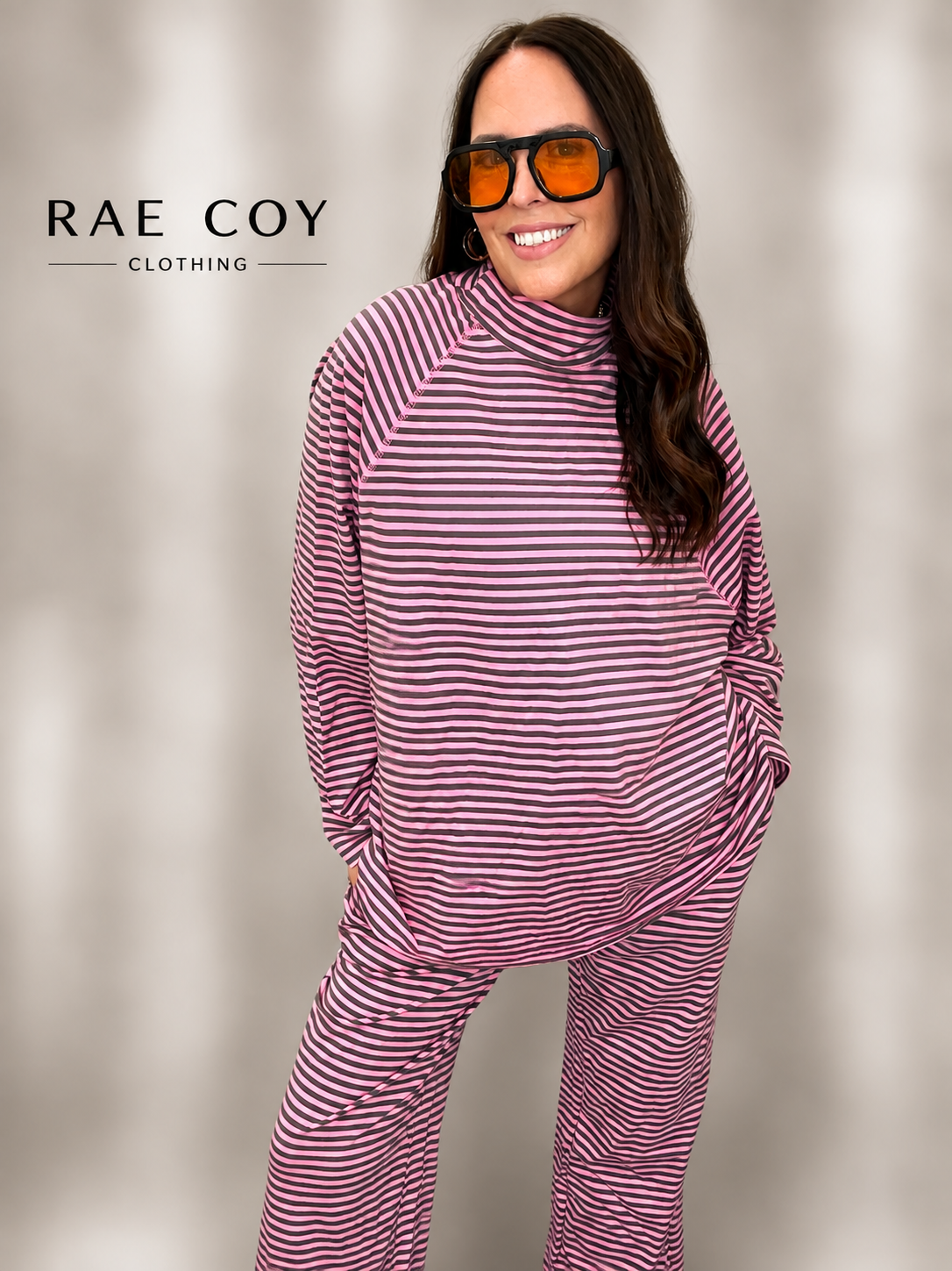 Oversized Mockneck and Pants Set - Pink and Brown