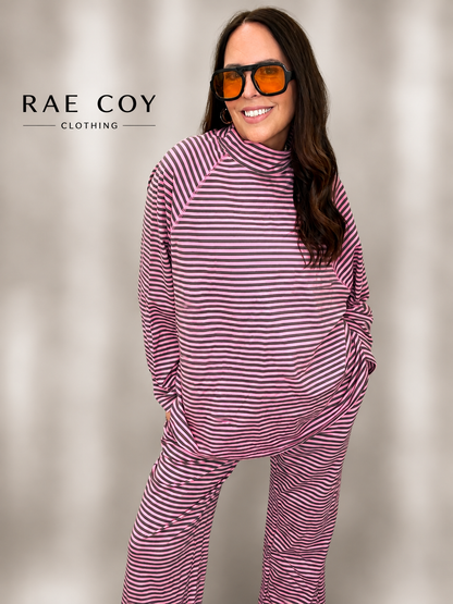 Oversized Mockneck and Pants Set - Pink and Brown