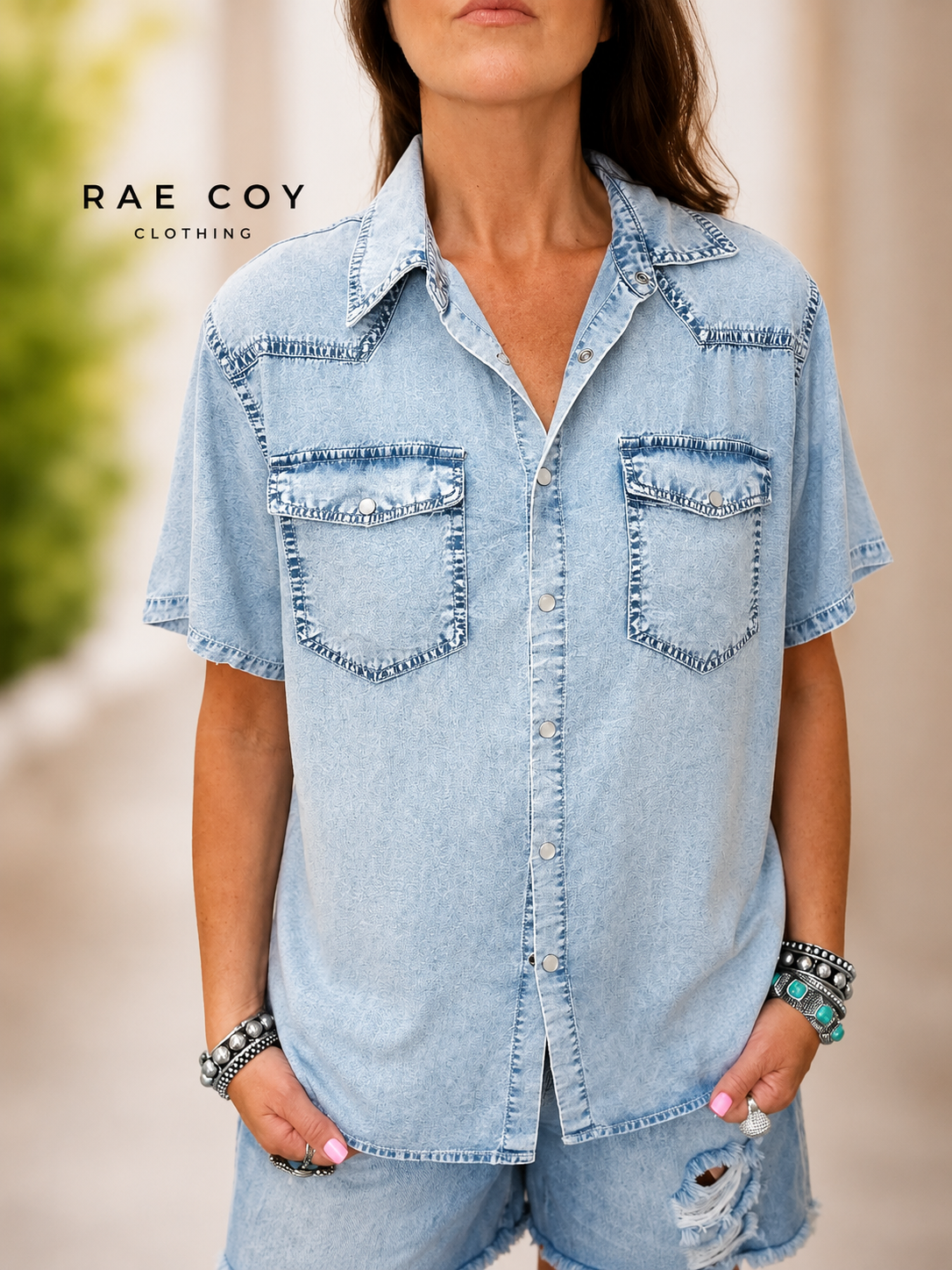 Pearl Snap Denim Tencel Button-Up