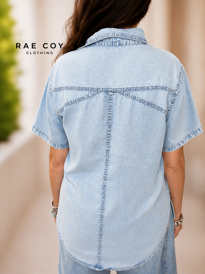 Pearl Snap Denim Tencel Button-Up