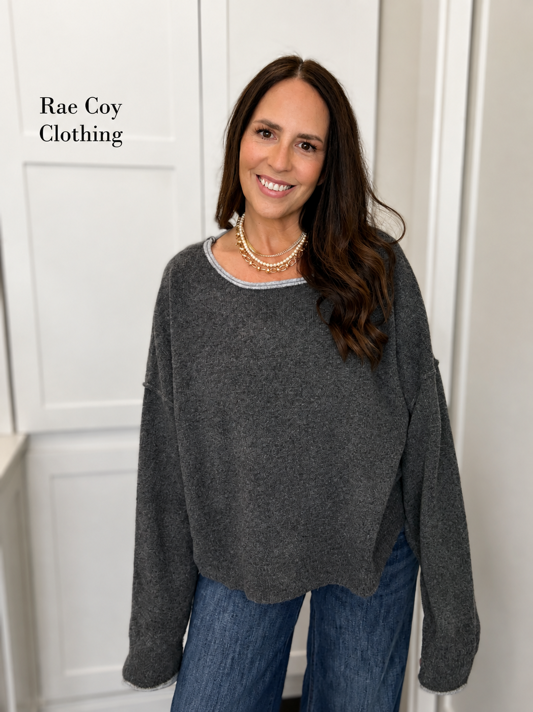 Grey with light grey roll neck sweater