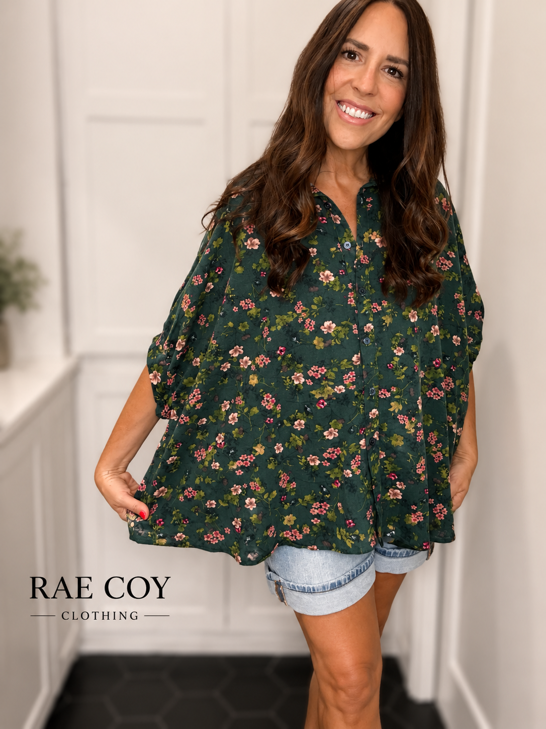 Hunter Green Oversized Fall Floral Blouse