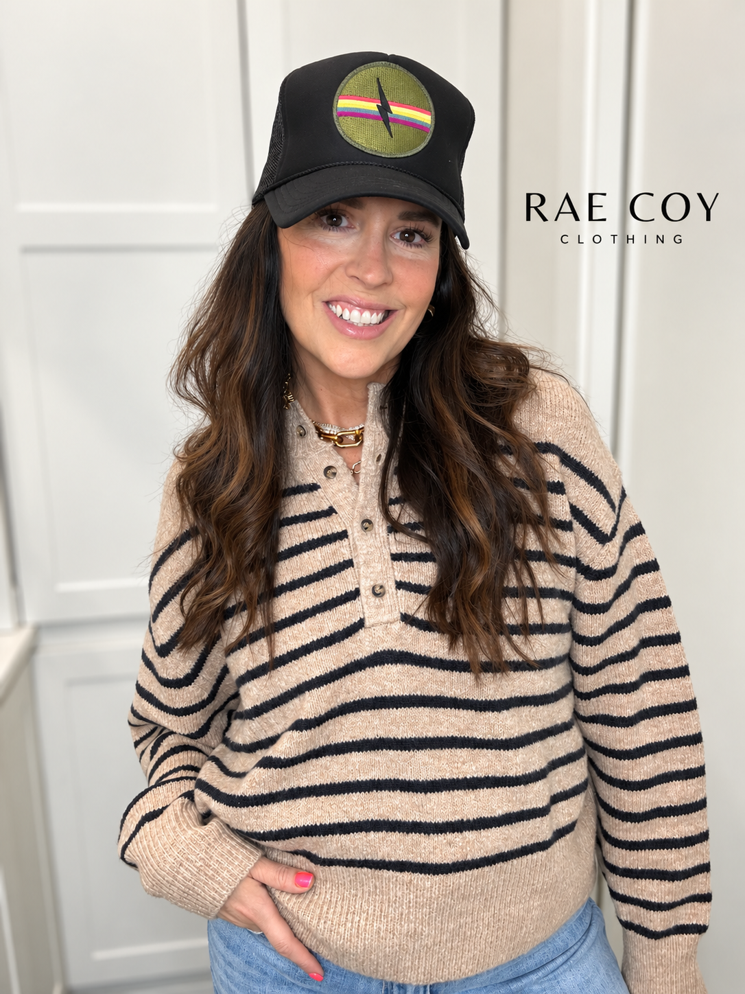 Taupe Black Stripe Henley Sweater