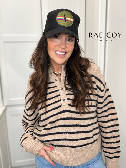 Taupe Black Stripe Henley Sweater