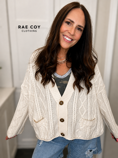 Cableknit Cream Button Cardigan - 100% Cotton