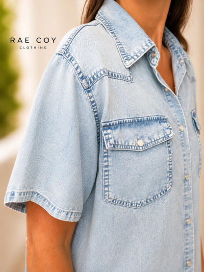 Pearl Snap Denim Tencel Button-Up