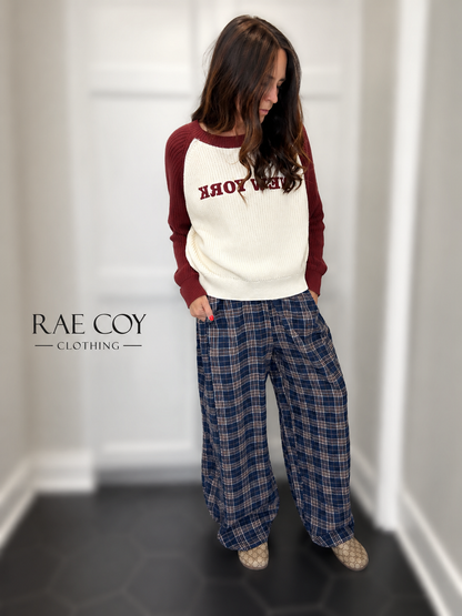 Plaid Cotton Gauze Pants - Navy