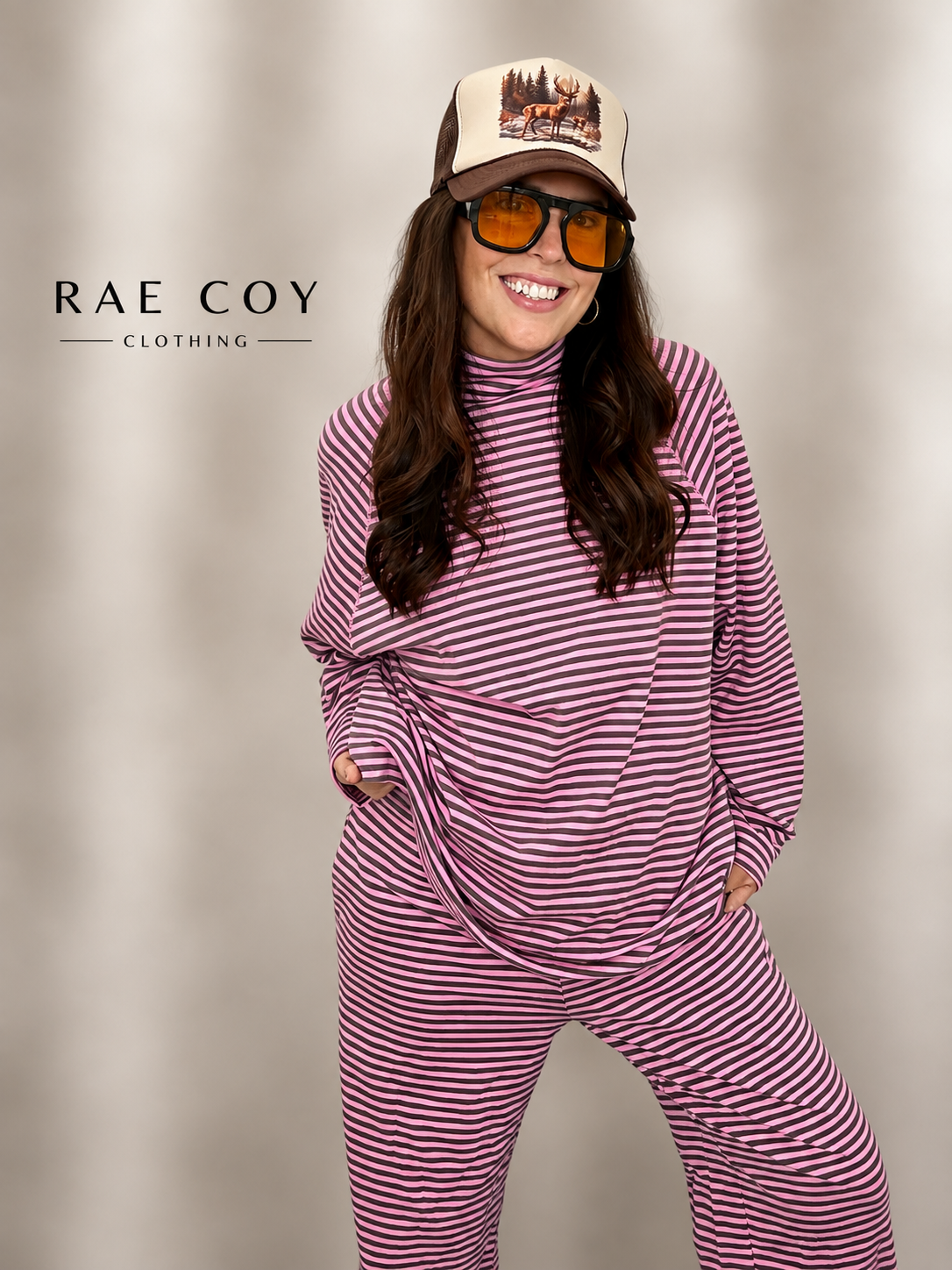Oversized Mockneck and Pants Set - Pink and Brown