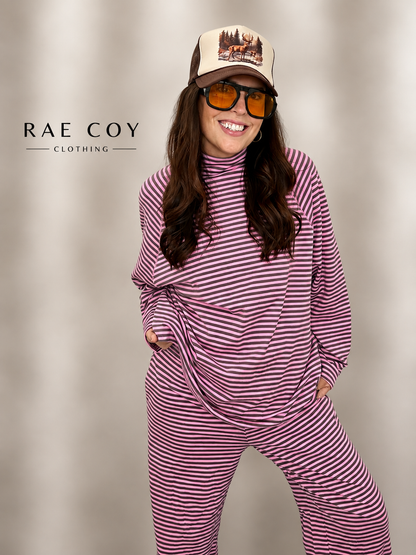 Oversized Mockneck and Pants Set - Pink and Brown