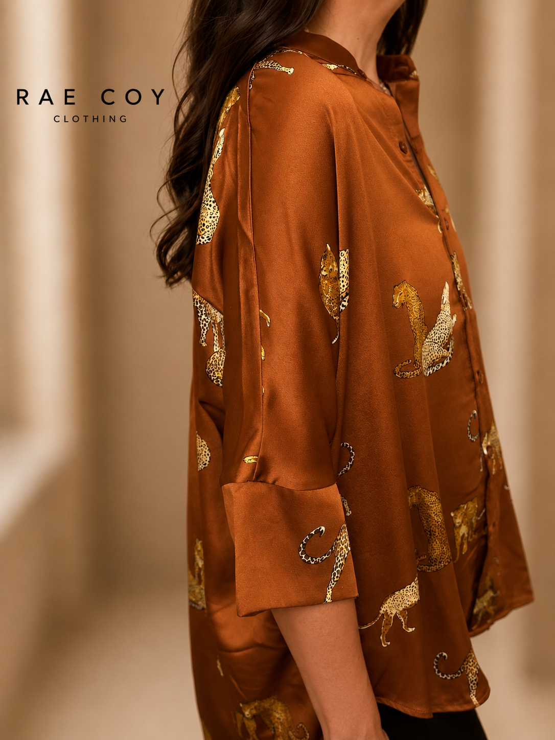 Rust Satin Leopard Button Up